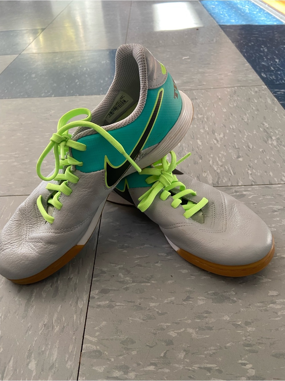 Nike White Indoor Soccer Shoes with Teal Panels & Neon Yellow Laces